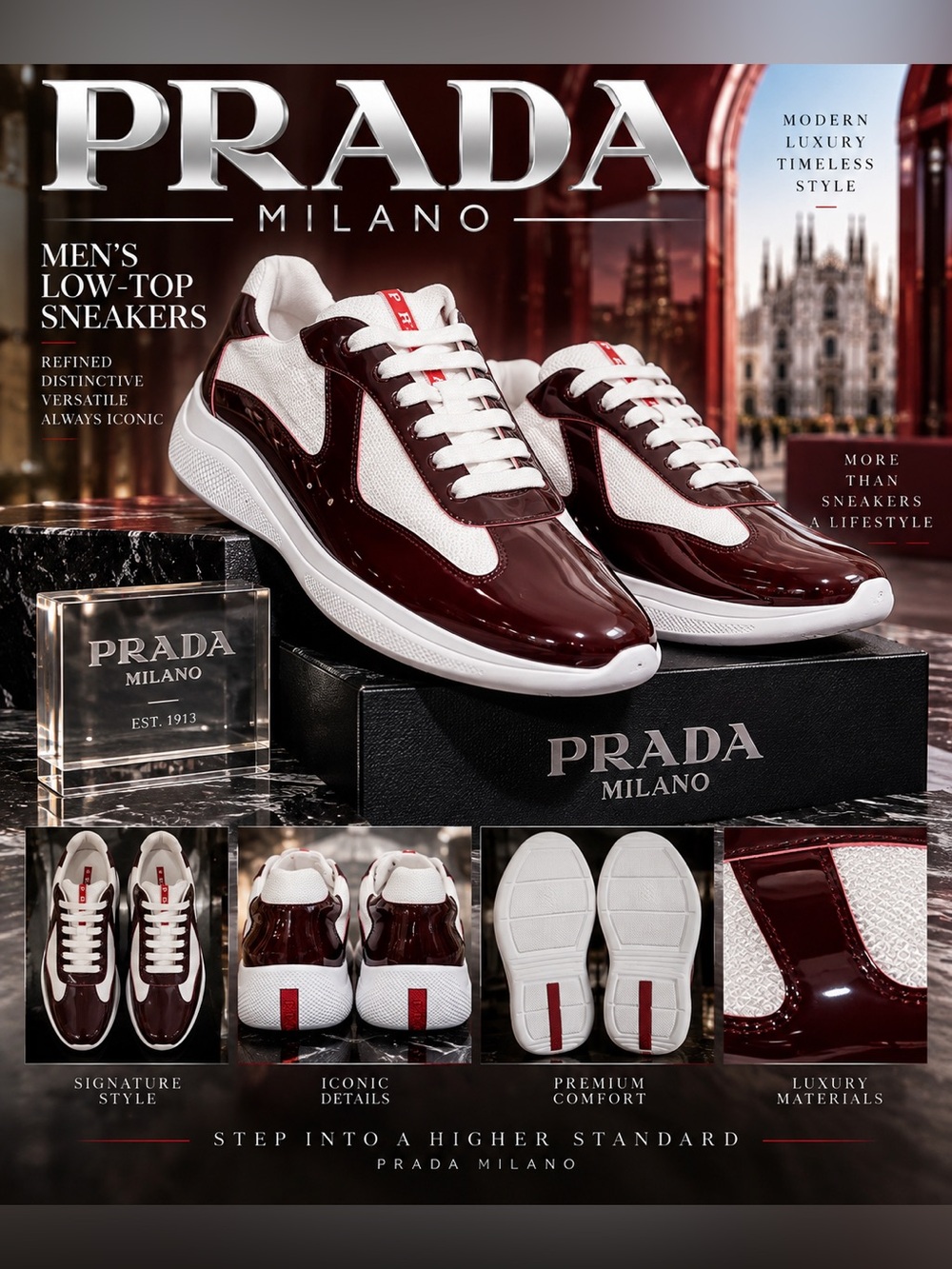New!🔥Prada Men's Burgundy and White Low-Top Sneakers!🔥